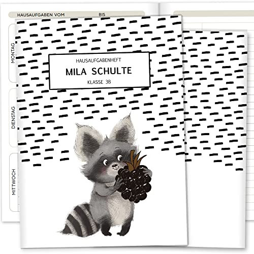 Olgs Hausaufgabenheft Hülle Super Strange inkl. Heft Schulheft Schutzhülle Umschlag Geschenkidee Einschulung personalisierbar mit Namen und die Schulklasse (personalisiert, Waschbär)