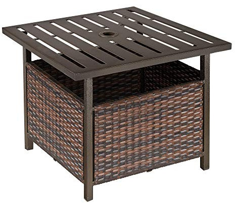 Outsunny Mesa de Comedor Exterior de Ratán Mesa Auxiliar con Orificio para Sombrilla de Acero con Mesa Cuadrada para Jardín Terraza Patio 55,5x55,5x46 cm Marrón