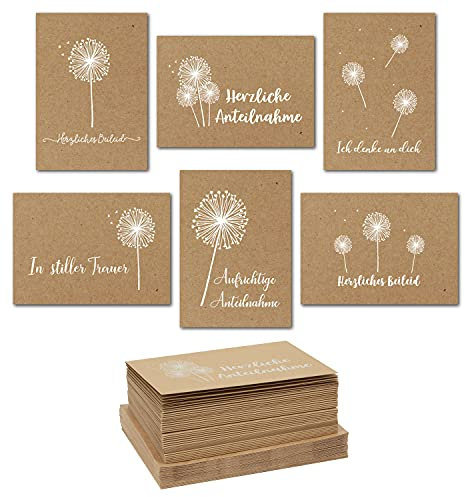 36 Stück Trauerkarten mit Umschlägen, Beileidskarten, 6 Dezente Blumenmotive, DIN A6, Kraftpapier, Braun