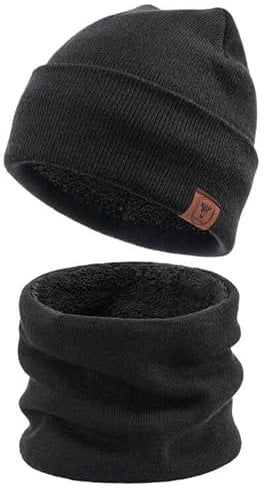 OZERO 2 in 1 Winter Warm Beanie Hut Schal Set, Strick Thermal Polar Fleece für Männer und Frauen Schwarz/Einheitsgröße