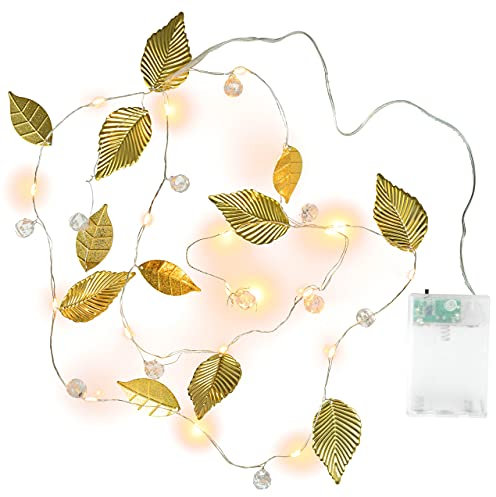 Nipach GmbH 2er Set Lichterkette „Perlen + Blätter“ GOLD 20 LED warm weiß Batterie Timer Xmas-Deko Weihnachts-Deko Weihnachtsbeleuchtung Xmas-Deko