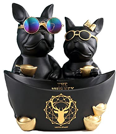 Vinbcorw Französische Bulldogge Figur mit tablett Edelstahl,Tischdekoration skulptur deko,schlüssel Schale Statue Kleinteile, Behälter, obstschale,Schlüsselbonbons Organizer,Schwarz,G