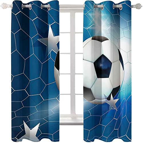 PVMLVM Blackout Curtains For Kids Teens Boys Bedroom Blue Football Print 3D Art Print Soundproof Window Drapes For Living Room Kitchen Playroom Eyelet Curtain, Set Of 2 Panels(W170 x L200cm)