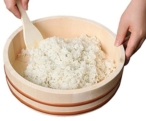 WSHA Japanese-Style Sushi Rice Mixing Tub with Wood Shovel, Round Sushi Rice Cooling Bowl, for Making Sushi and Bibimbap Rice Barrel Container,52x14cm