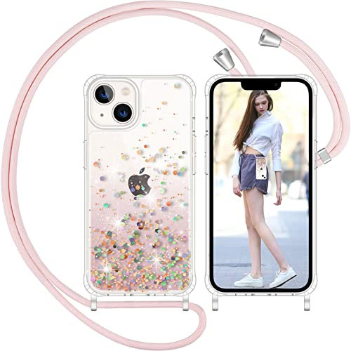 Nupcknn Funda Brillantina con Cuerda para iPhone 13, Carcasa TPU Suave Silicona Case con Correa Colgante Ajustable Collar Correa de Cuello Cadena Cordón(Rosa, 6.1)