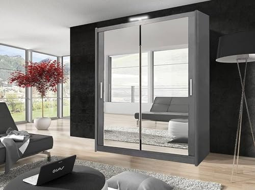 GSW Bedroom Furniture Modern Full 2 and 3 Mirror Sliding Door Wardrobe With Shelves And LED Light, Hanging Rail (120CM, Gray)