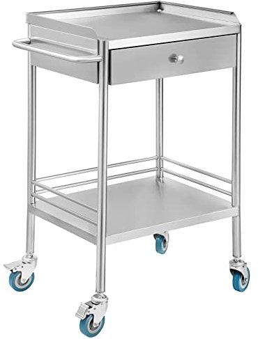 2-stufiger Medizinischer Wagen Aus Edelstahl,mit 1 Schublade Servierwagen Edelstahl Serving Lab Trolley Laborwagen Tragbar Abräumwagen Medical Dental Lab Cart Transportwagen Rollwagen Medizinisch