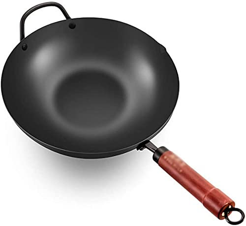 KDOQ Wok con Tapa, Wok - Ollas de Hierro importadas Originales Vintage Hechas a Mano sin Recubrimiento para cocinar en el hogar Wok Plano Antiadherente