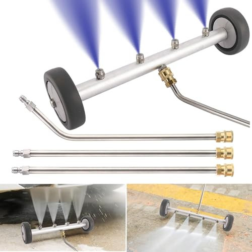 Scopa ad acqua per idropulitrice, doppia funzione, pulitore per sottoscocca 40,6 cm, scopa ad acqua per lavaggio auto, 4 ugelli con 3 bacchetta di estensione 4000 PSI (argento)