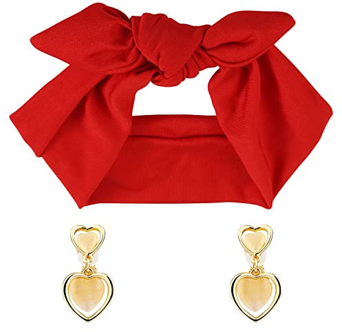 KINBOM Accessoires de Costume Dolores, Bandeau Noeud Femme et Boucles d'Oreilles Clip Opale Coeur, Bandeau Rétro Costume Dolores pour Accessoire Halloween Femme Fête d'Anniversaire (Rouge)
