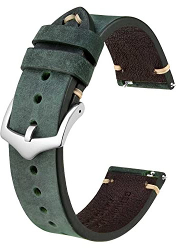 BISONSTRAP Uhrenarmband für Herren, Handgefertigte Stiche Leder Armband, Schnellverschluss, 22mm, Grün mit Silberner Schnalle