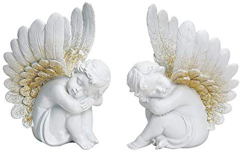 Generisch Sitzende, schlafende Engel, weiß-Gold, 2er Set | Cherubin, Deko-Figur, Deko-Artikel, Statue, Skulptur, H 18 cm