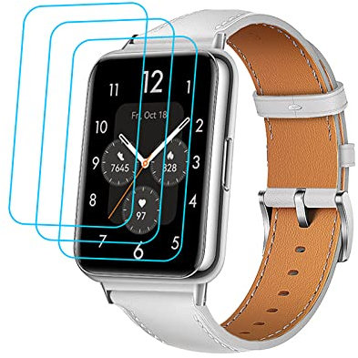 GIOPUEY Armband Kompatibel mit Huawei Watch FIT 2, Echtleder Armband + 3 Stück Schutzfolie [Verschleißfest] [Atmungsaktiv] Ersatzarmband - White