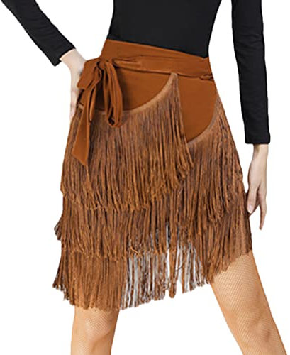 SEAUR Damen Tanzrock Latein Tango Bauchtanz Hüfttuch Fransen Rock Rumba Cha Cha Samba Ballsaal Tanzkleid Braun
