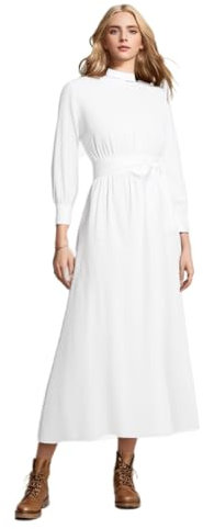 CAMDOM Clergy Dress for Women A Line Elegant Maxi Dress Long Sleeve Modest Church Dresses Priest Costume with Collar and Belt,White,XL