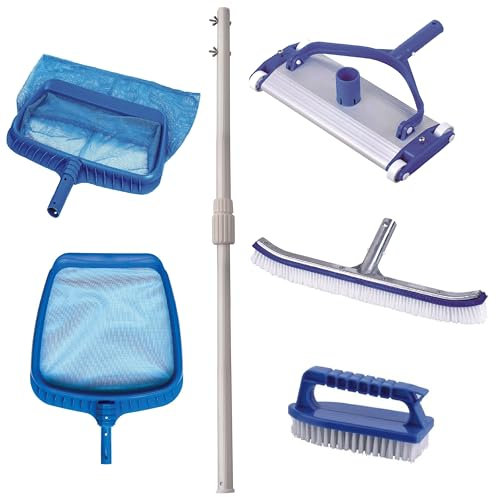 Kit de Limpieza conexión Clip para Piscinas Grandes - 1 Limpiafondos + 1 Pértiga + 2 Recogehojas + 2 Cepillos
