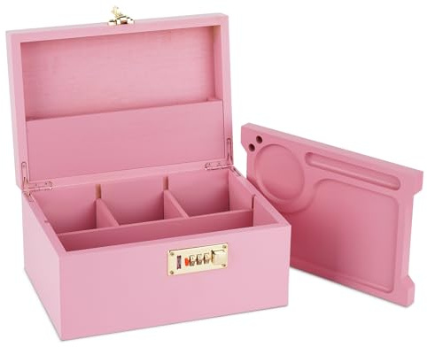 OZCHIN Große Bambus Box mit Kombinationsschloss Dekorative Box für Zuhause Geschenk für Männer Frauen Aufbewahrungsbox mit Tablett (Rosa)