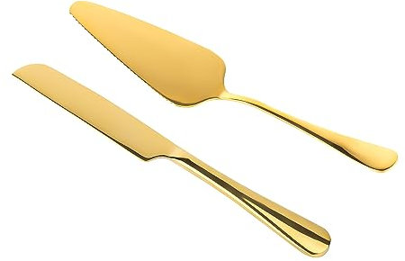2 Pzs Juego de Cuchillos para Pastel, Acero Inoxidable Juego de Corte de Tarta Juego de Cuchillo y Servidor para Pastel de Bodas Juego de Cortador de Tarta para Boda Cumpleaños (Oro)