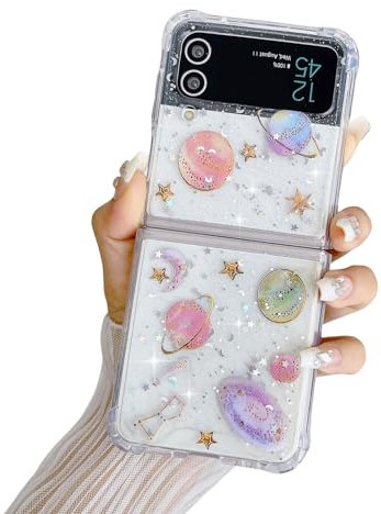 LCHULLE for Samsung Galaxy Z Flip 4 5G Case Girls Women Glitter Bling Bumper Shockproof Phone Case Cute Sparkly Moon Star Planet Pattern Cover for Samsung Flip 4 5G-Clear