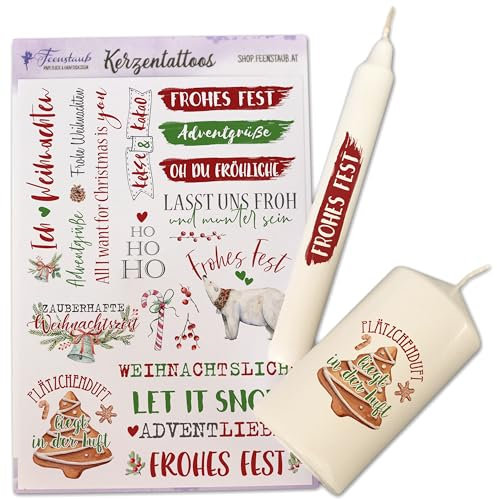 FEENSTAUB Kerzentattoos Weihnachten, Kerzenfolien Weihnachten DIN A5, Wasserschiebefolie Kerzen, Kerzenfolie Frohe Weihnachten, Kerzensticker Advent, Kerzen Aufkleber Weihnachtsplätzchen