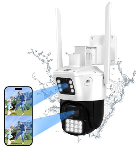 MCJ 8MP Dual-Objektiv Überwachungskamera Aussen WLAN, Dual-Ansicht PTZ WiFi Kamera Outdoor,360° Schwenkbar Personenerkennung mit Automatische Verfolgung, Farbnachtsicht, 2-Wege-Audio, Sirene