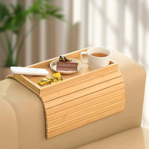 Shulltji Sofa Arm Tray Table, Bamboo Sofa Table Tray, Sofa Tray with Anti-Slip Fabric Backing, Adjustable Sofa Support, Sofa Side Table for Remote Control, Drink, Snacks, Magazine