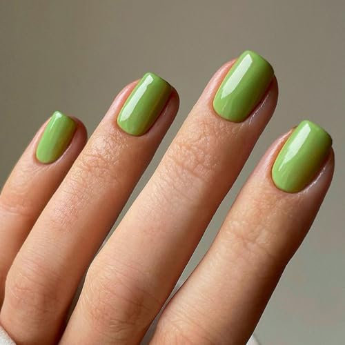 24PCS Press on Nails Short Square Pure Color Acrylic Nails Set French Tip False Nails Reusable Fake Nails Natural Removable Glue-on Nails Women Girls Nail Art Accessories - Avocado Green