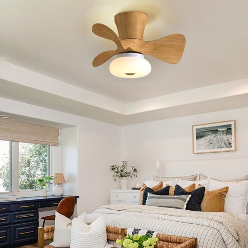 Ventilador Techo con Luz Led Regulable Silencioso Ventilador Techo Pequeño y Mando a Distancia 6 Velocidades Reversible Lampara Ventilador Techo para Salon Dormitorio Habitacion Niños-Wood Grain