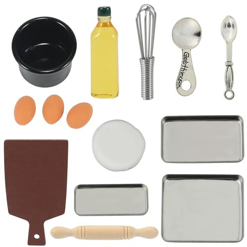 Miniatur Wichtel Zubehör Backen, Miniatur Puppenhaus Zubehör Weihnachten, Miniatur Eier Olivenöl Teig Schneebesen Nudelholz Tablett Löffel Topf, 1:12 Miniatur Küche Zubehör Wichtel Backset