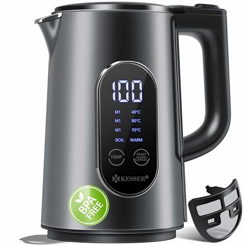 KESSER® Wasserkocher Edelstahl 1.7 Liter | LED-Anzeige | 4-Modi Temperatureinstellung 40°C-100°C | 30min Warmhalten | elektrischer Teekocher 2200W BPA-Frei | Kalkfilter & Easy-Open-Deckel, Anthrazit