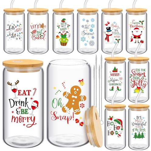 Skylety Skylety 12 Pcs Christmas Glasses Cups with Bamboo Lids and Straws, 16 oz Funny Xmas Drinking Glasses, Iced Coffee Cups, Christmas Gifts Can Shaped Tumbler Mason Jars Cups for Women Men