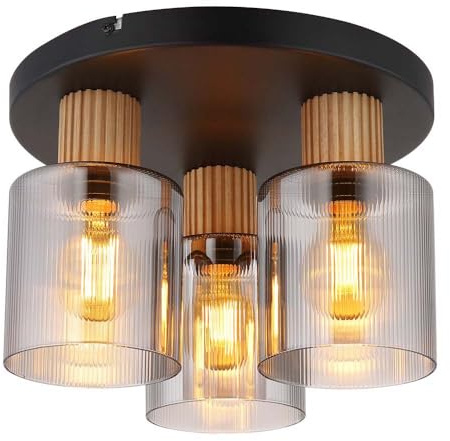 Ceiling Light Bedroom Lamp Wood Effect Glass Shade 3 Bulbs Metal MDF 3x E27 Socket Diameter 30 x 21 cm