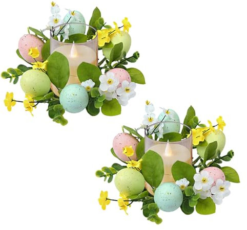 Ostern Kerzenringe 19CM Künstliches Rattan Kerzenkranz mit Ostereier Blume Schmetterling, 2 Stücke Kerzen Kranz Ringe Kerzenhalter Osterkranz für Stumpenkerzen Frühling Osterdeko (A, 2PC)