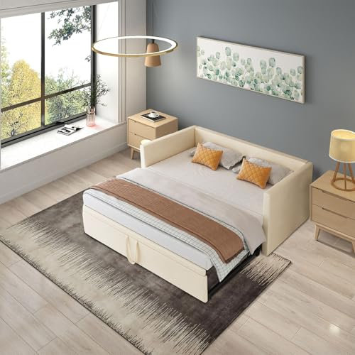 Schlafcouch Ausziehbar 90/180x200 cm, Tagesbett Polsterbett mit Gästebett, Doppelbett Samt Multifunktionsbett mit Lattenrost, Couch Bett 2 Sitzer für Erwachsene 2 Personen, Ohne Matratze, Beige