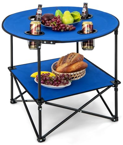 COSTWAY Campingtisch faltbar, 2-stöckiger Angeltisch mit Getränkehaltern und Tragetasche, Picknicktisch leicht, Klapptisch stabil, Falttisch für Camping, Picknick
