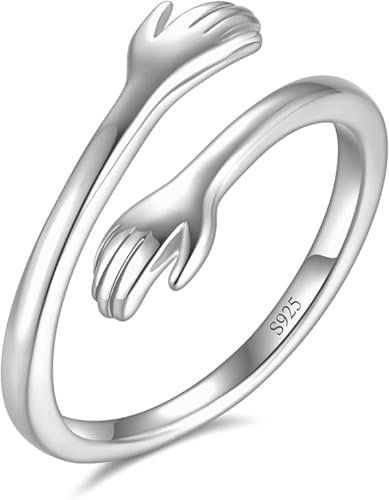Umarmungsring in 925 Sterling Silber und Gold Verstellbar | Umarmung Ring mit Umarmende Hände als Geschenk für Sie, Freundin, Freund, Muttertag und zur Verlobung (Silber, 58)