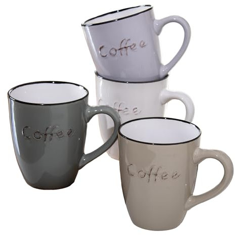 Darthome Set of 4 Stoneware Coffee Mugs 350ml 12x10x9cm Neutral Colour Mix Script Label Hot Drinks Cups