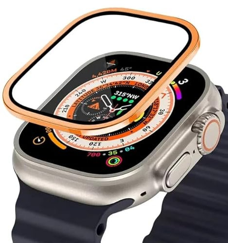 VEVEL Funda de aleación de aluminio de vidrio templado para Apple Watch Ultra 2, Protector de pantalla antiarañazos de 49mm para iWatch Ultra, película protectora de 49mm(Orange)
