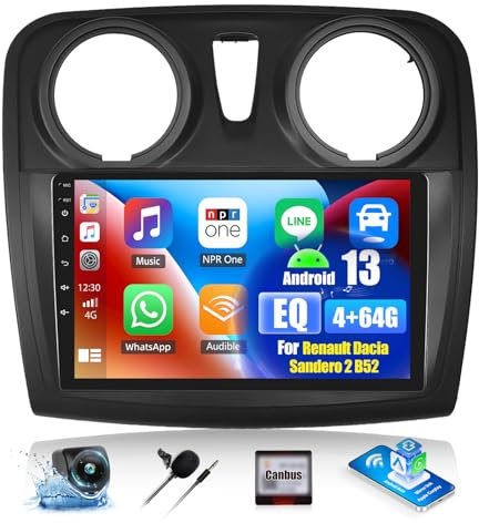 OiLiehu 4G+64G Android 13 2Din CarPlay Android Auto Radio para Renault Dacia Sandero 2 B52 2012-2019 Pantalla Radio Coche 9 Pulgadas Bluetooth GPS FM/RDS WiFi SWC EQ Camara Marcha Atras