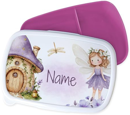 GRAZDesign Fiambrera personalizada para niños con nombre, color azul y rosa con divisor, diseño de hadas