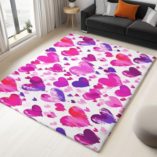 Générique Tapis de Chambre Coeur d'amour Rose Et Violet 160x230cm Tapis Salon Grand Antidérapant Lavable, Moquette Décoratifs pour Maison Super Doux et Durable