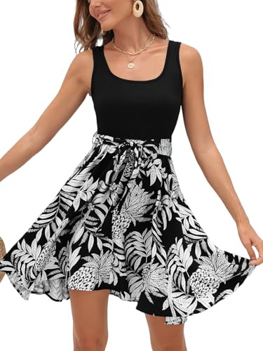 CUPSHE Damen Sommerkleid Rundhals Tank Ärmellos Blumen Strand Minikleid | Sommerliches A-Linien Kleid mit Bindeschleife an der Taille und weich fallendem Volantsaum.