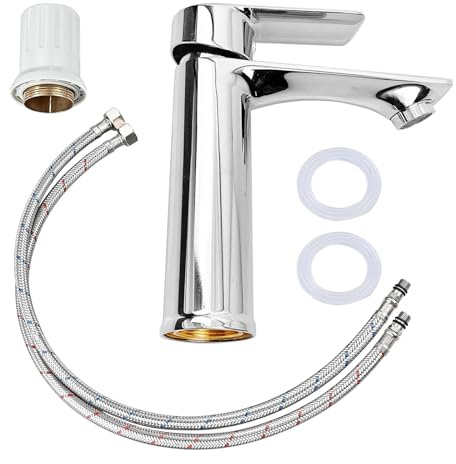 Waschtischarmatur mit Anschlussschlauch, Wasserhahn Bad,Mischbatterie Waschbecken Wassersparend, Armatur Mischbatterie Waschbecken, Waschtischarmaturen Einhebel-mit Kalt- und Warmwasser-Funktion