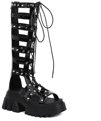 Veelau Meieer Damen Plateau Gladiator Sandalen Römersandalen zum Schnüren mit Nieten Reißverschluss
