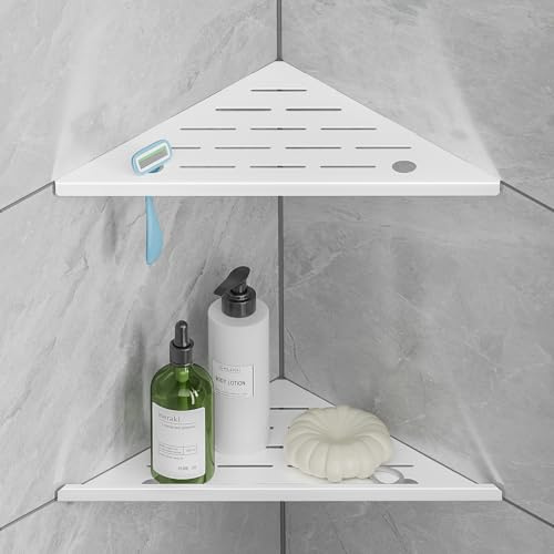 Shower Corner Shelf with Razor Holder, Stainless Steel, White, 10 Inch, No Drilling Required, Modern Tile Wall Mount, 2 Pack