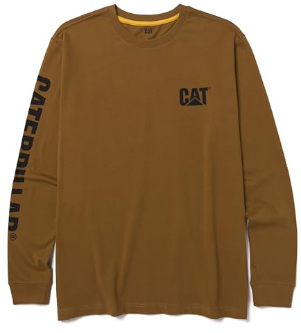 Caterpillar Trademark Banner Long Sleeve Tee Shirts for Men with Center Back Neck Wire Management Loop and Cat Workwear Logo, Bronze Black, Medium