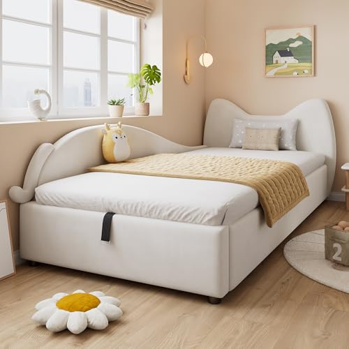 Rvjiahe Polsterbett, Einzelbett, Kinderbett, Niedliches Katzen-Design, Hydraulisches Bett mit Stauraum und Gurtgriffen, Stabile Lattenroste, Linke Seitenplatte, Samt (Beige, 90x200cm)