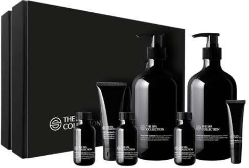 The Spa Collection Gum Tree Luxus Geschenkset, 7-teiliges Spa Pflegeset mit Handseife, Handcreme, Lippenbalsam, Shampoo, Conditioner und Körperwäsche in stilvoller schwarzer Geschenkbox