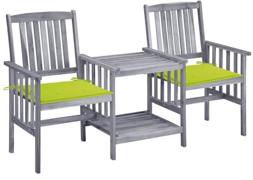 QJBSAVVA Akazie Holz Gartenmöbel Set 159x61x92 cm Grau Hellgrün 3-Teilig Sitzgruppe mit Teetisch Balkonmöbel Outdoor Robust Modern für kleine Balkone Terrasse