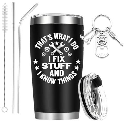 Nodrex Gifts for Men, Birthday Gifts for Men Funny and Unusual, Stainless Steel Travel Tumbler Gift Set, I Fix Stuff and I Know Things Mechanic Presents for Him Dad Husband with Keychain